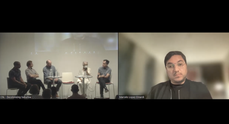 Screenshot of webinar feed depicting two feeds next to each other; one on the left depicts five seated individuals in conversation and the one on the right depicts a single individual seen from the shoulders up