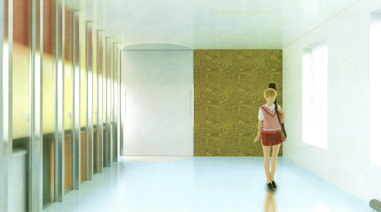 Rendering of an interior space featuring one colorful wall with vertical striations