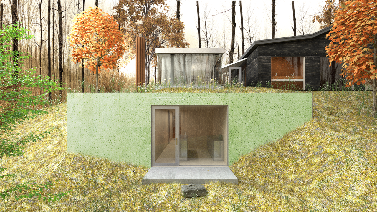 Rendering of the exterior of a small, two-story building sunken into the landscape