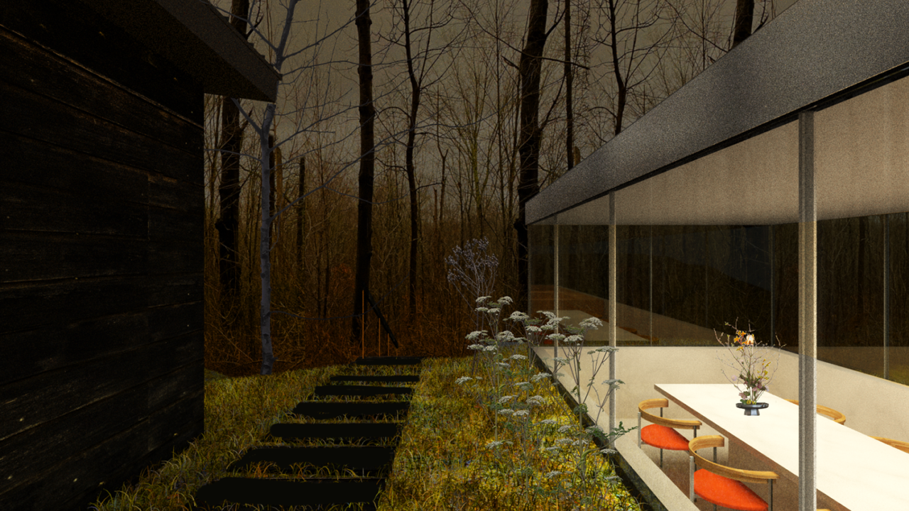 Rendering of a covered terrace in a landscape with trees at dusk