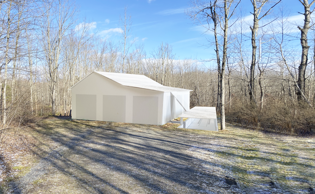Rendering of a white, pitched roof building with three large doors set amidst a natural landscape of trees