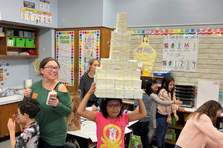  4th graders at PS 343 show off their designs as part of their Learning By Design: NY residency on the architecture of New Amsterdam. Photo: Center for Architecture.