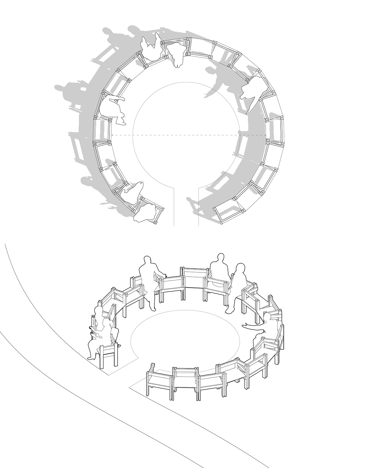 Diagram of a round bench.