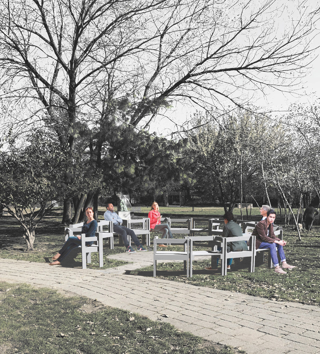 Rendering of people sitting on a round bench at a park.