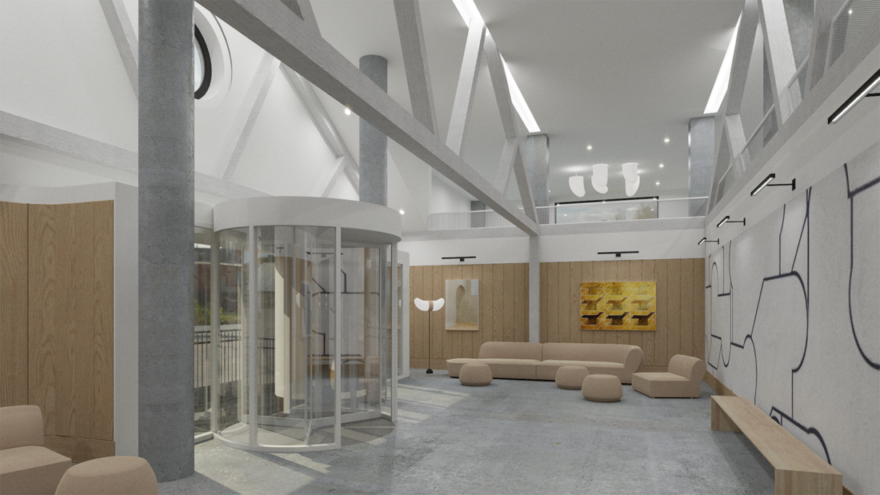 Rendering of an interior lobby space with white walls, white revolving door, and cream-colored furniture