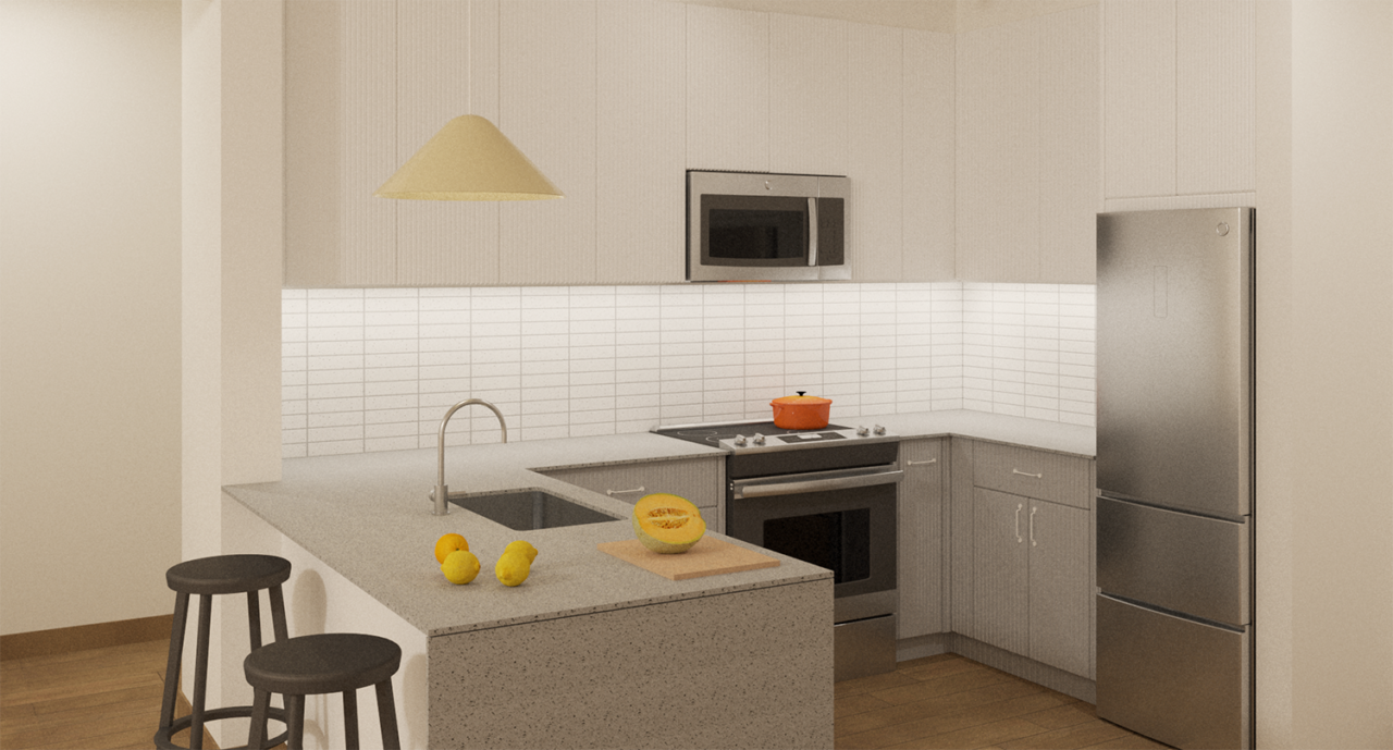 Rendering of a kitchen with bar seating and tile backsplash