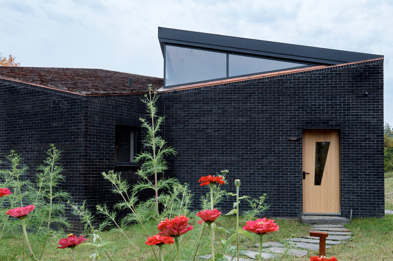 Frontal view of black, angular house with wood door and skylight