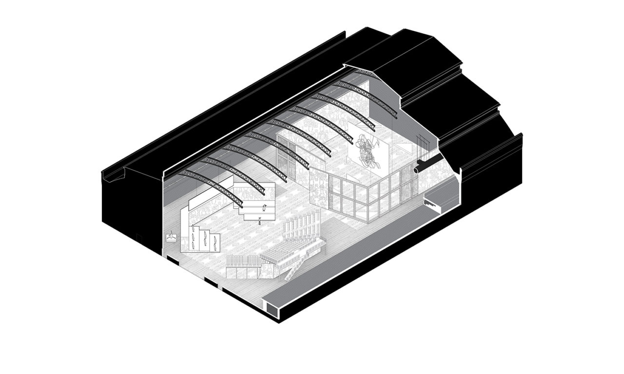Axonometric drawing depicting the Park Avenue Armory built out with an auditorium and a gallery space