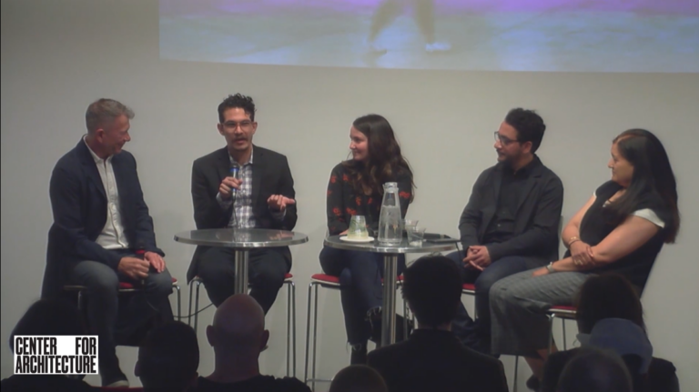 Image of panelists at The Mycelium House: From Sculpture to Tiny Home event