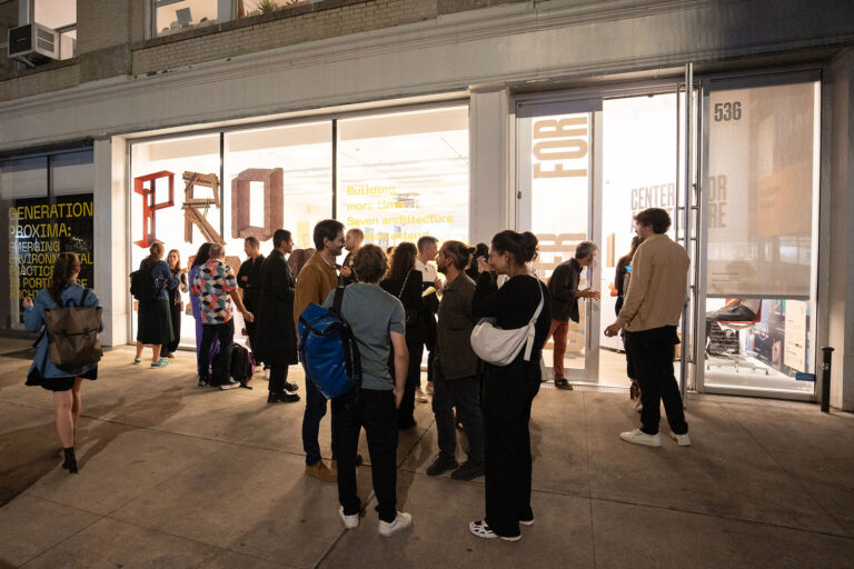 Exhibition opening night at the Center for Architecture, view of the exterior of the building with a crowd of people