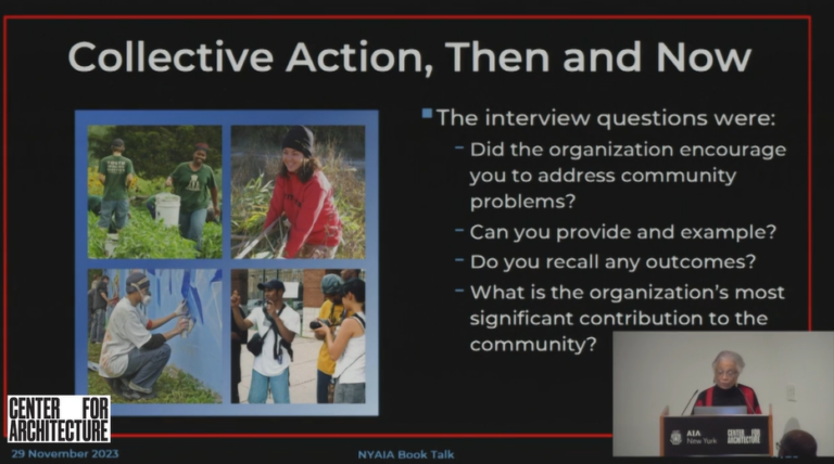 Dr. Sharon Egretta Sutton speaking at a podium with a slide titled "Collective Action, Then and Now."