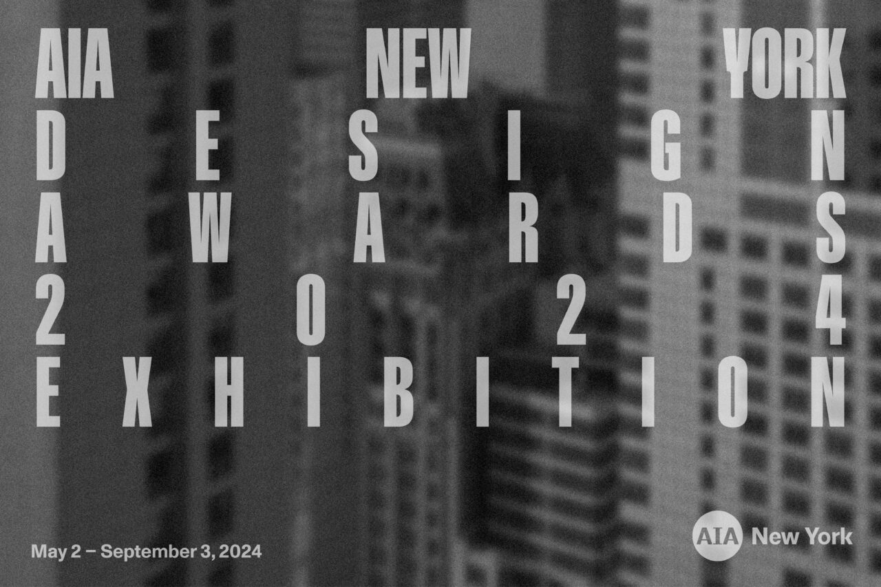 Black and white image of skyscrapers with exhibition title text overlaid in white