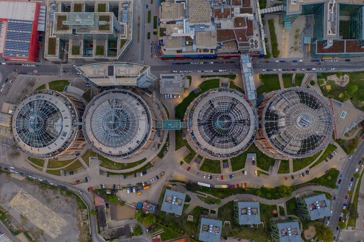 Aerial view of gasometers in Vienna, Austria