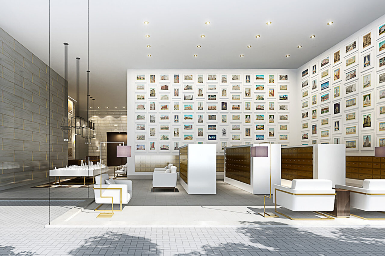 Image of a glass-paneled floor lounge with many picture frames filling the walls.