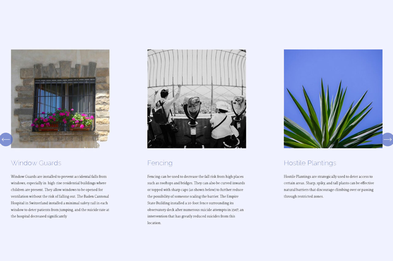 Images and captions describing barriers to prevent disastrous jumping from heights.