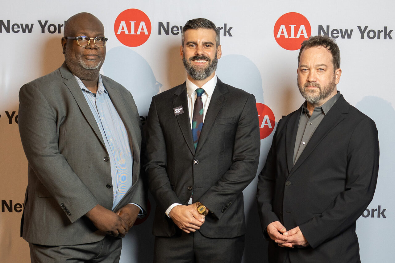 AIANY 2025 President-Elect Mark Gardner, AIA, AIANY Executive Director Jesse Lazar, Assoc. AIA, and AIANY 2025 President Benjamin Gilmartin, AIA. Photo: Samuel Lahoz.