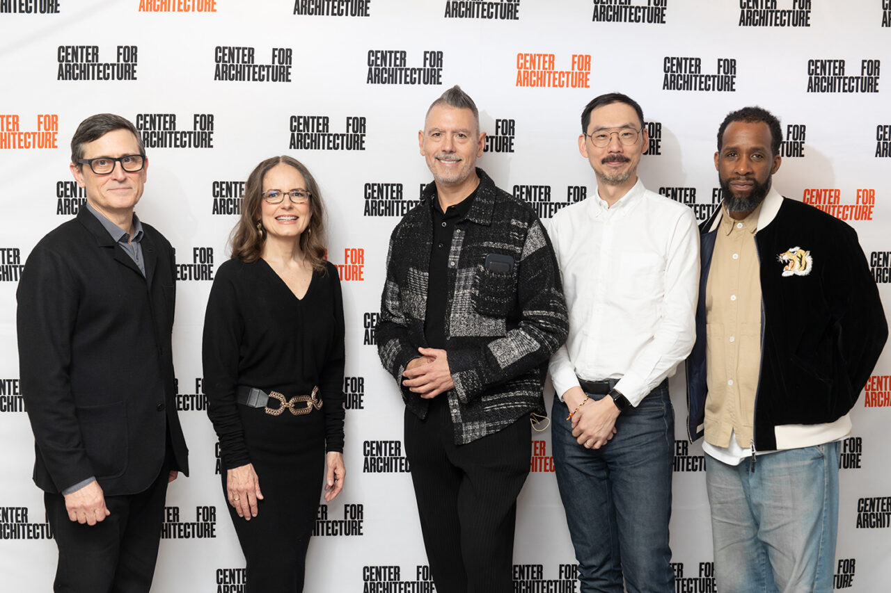 Guess-A-Sketch Judges Gabriel Smith, FAIA, LEED AP, Andrea Lamberti, FAIA, LEED AP BD+C, Emcee Jonathan Massey, Judges Arthur Liu, and Jonathan Jackson.