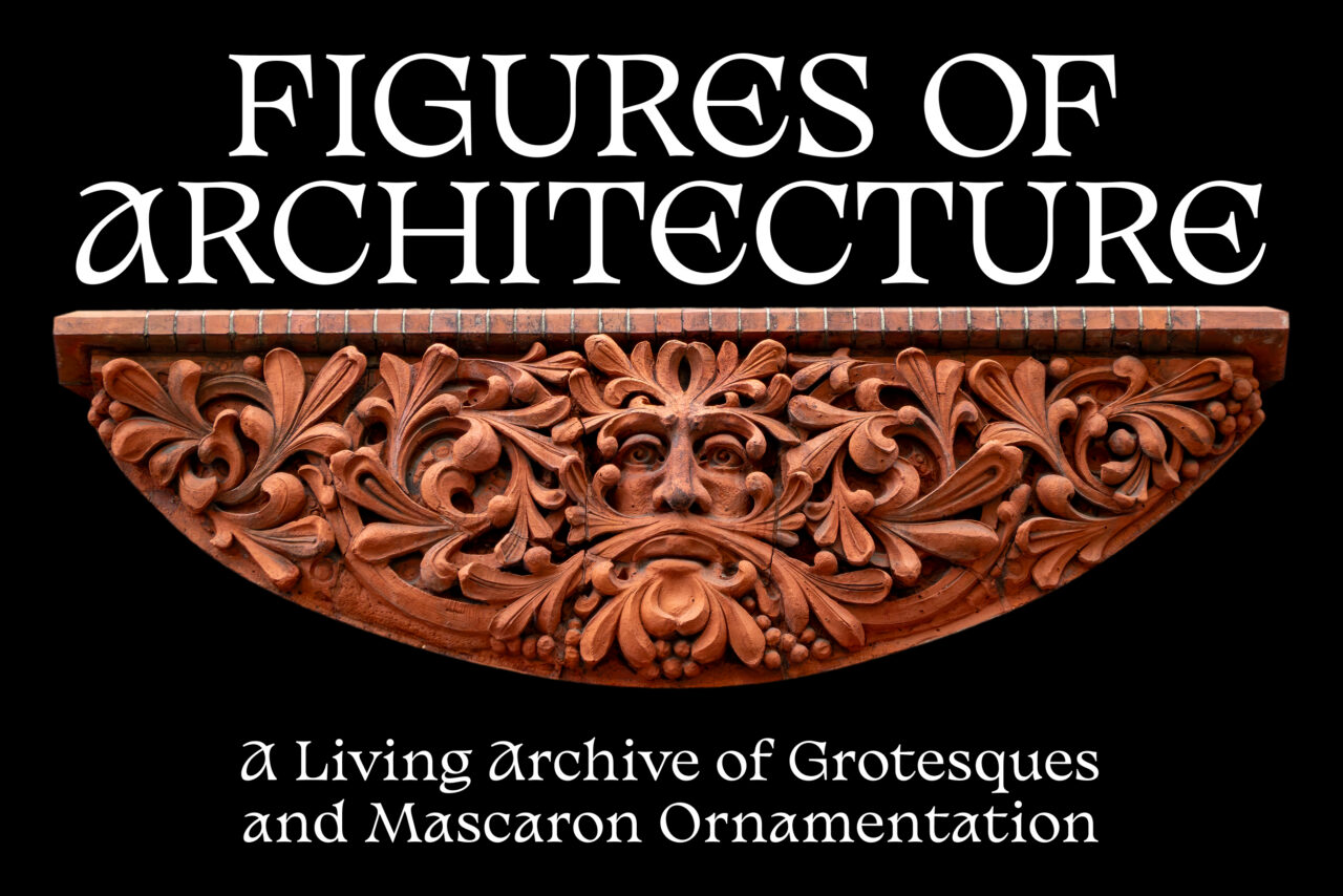 Carved terracotta face amongst leaves and other fauna on a black background with the title in white