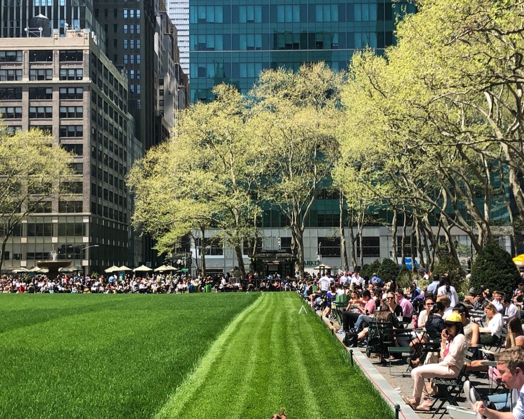 Bryant Park with grass and surrounding buildings