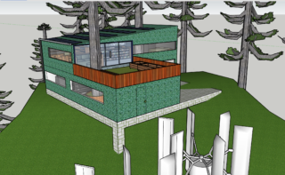 Digital model of a house surrounded by trees