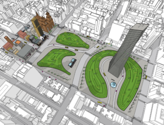 Digital model of a neighborhood with skyscraper, park, and smaller buildings
