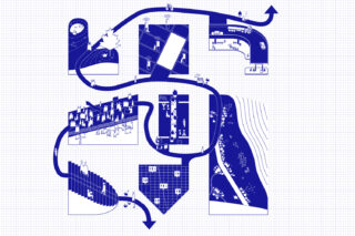 Blue and white graphic image displaying interconnected public spaces