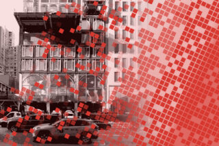 Image of a building with a red grid overlay