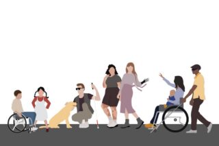Several people in a social line with signifiers of different abilities - wheelchair, guide animal, red and white tip cane.
