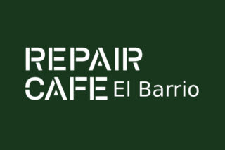 A green graphic with "REPAIR CAFE DEL BARRIO" in white text