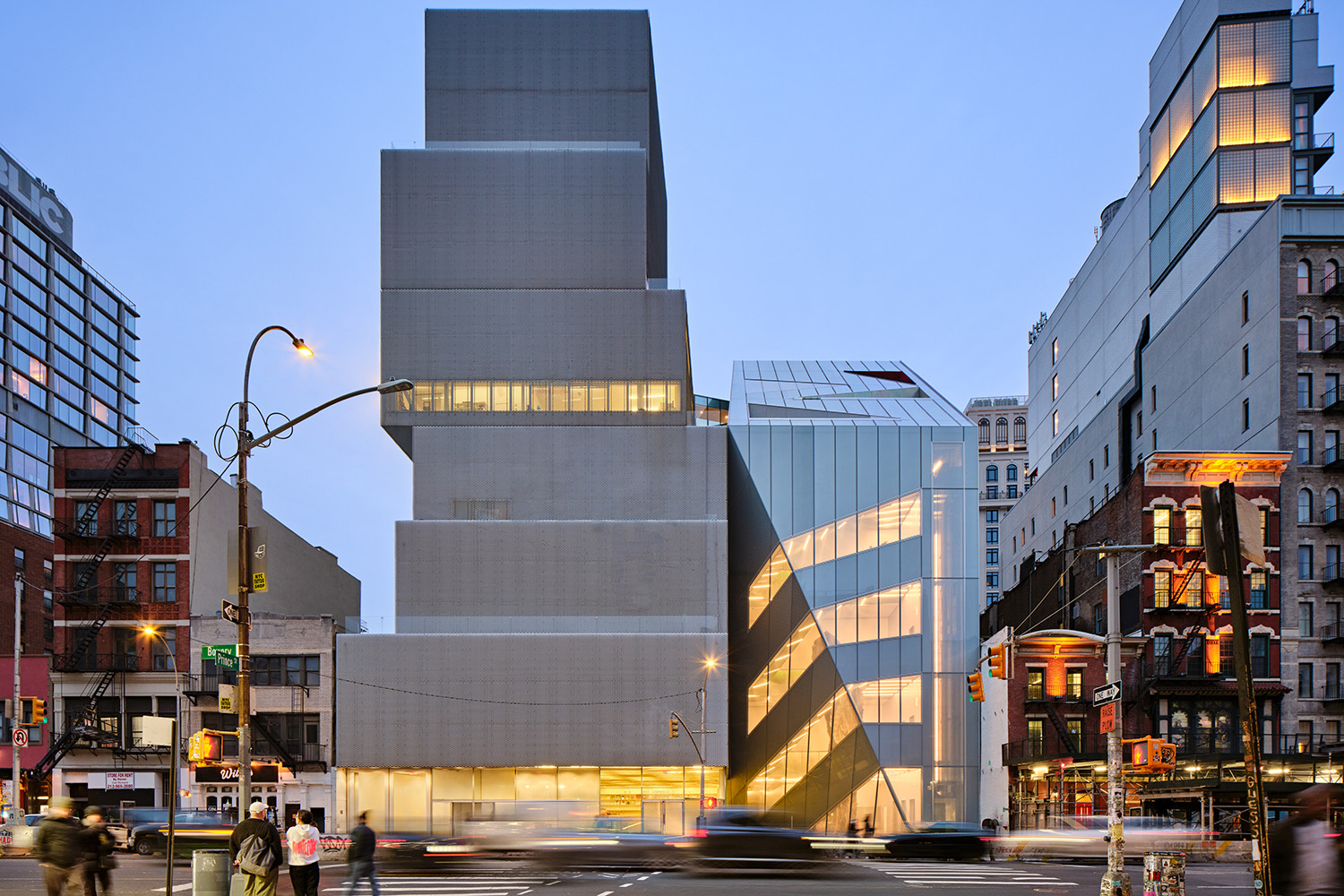 Exterior facade of the New Museum at dusk