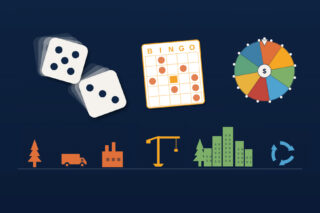An illustration with different types of game pieces on a dark background